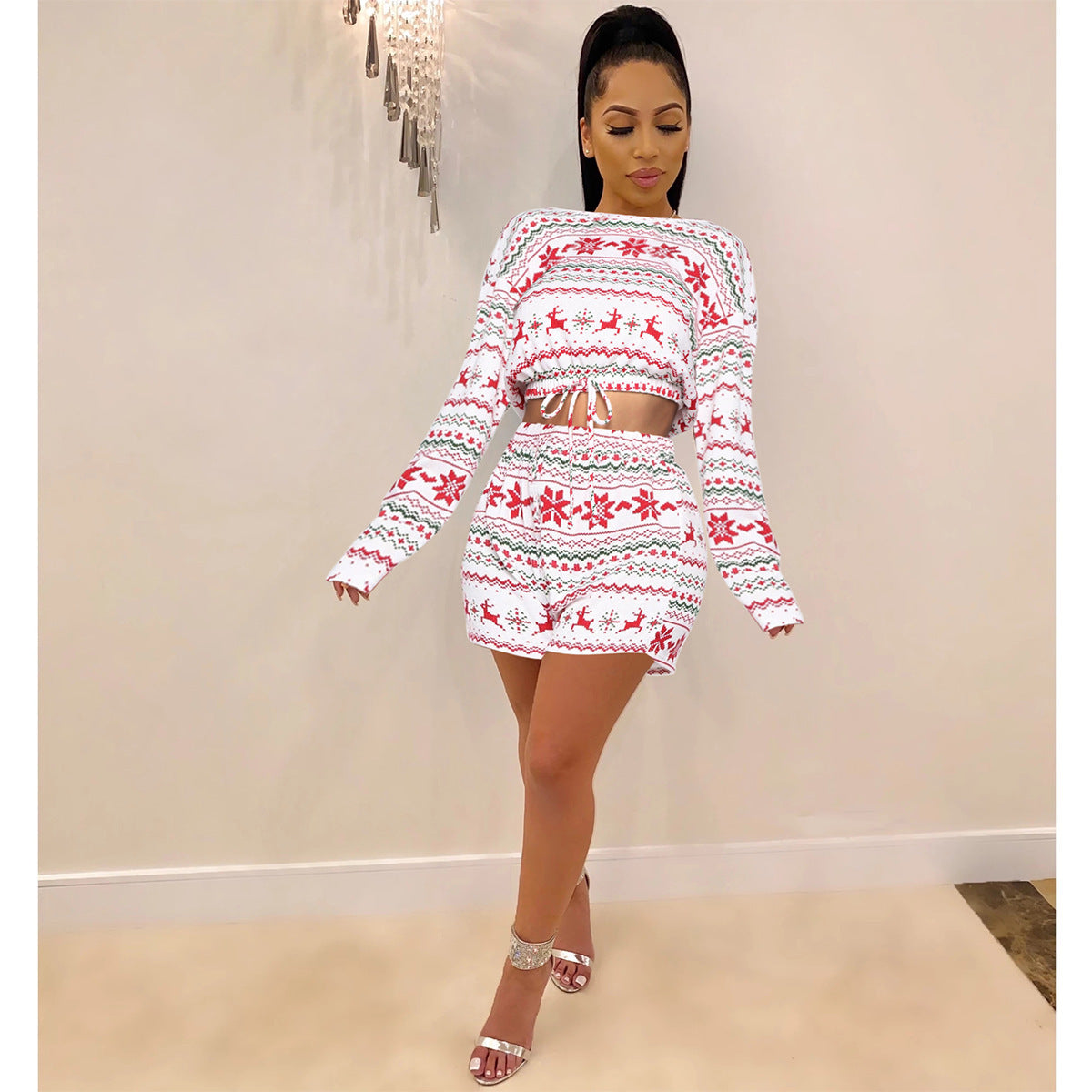 Women Christmas Pajama Sets Long Sleeve Crop Top Shorts 2Pcs