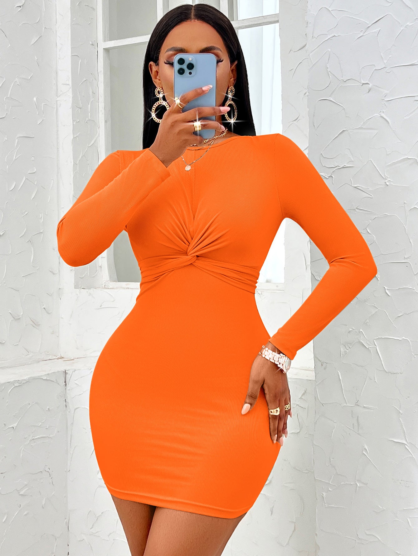 Casual Solid Color Round Neck Twist Long Sleeve Dress