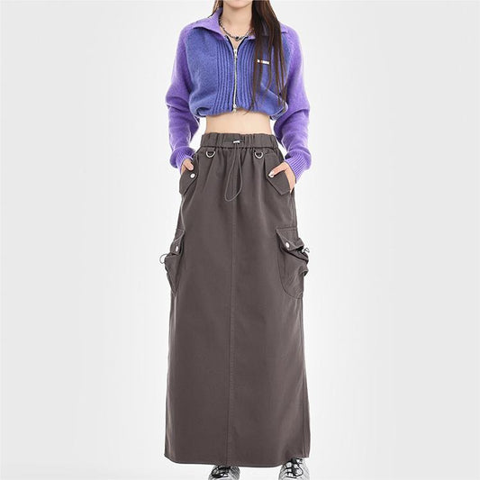 Retro Loose Pockets Workwear Skirt